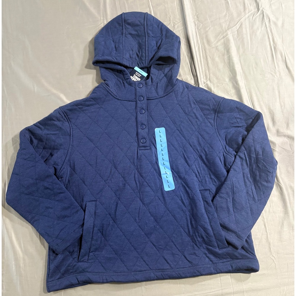 Lands End Quilted Pullover Hoodie Navy Blue Snap Neck Large 12-14 NEW